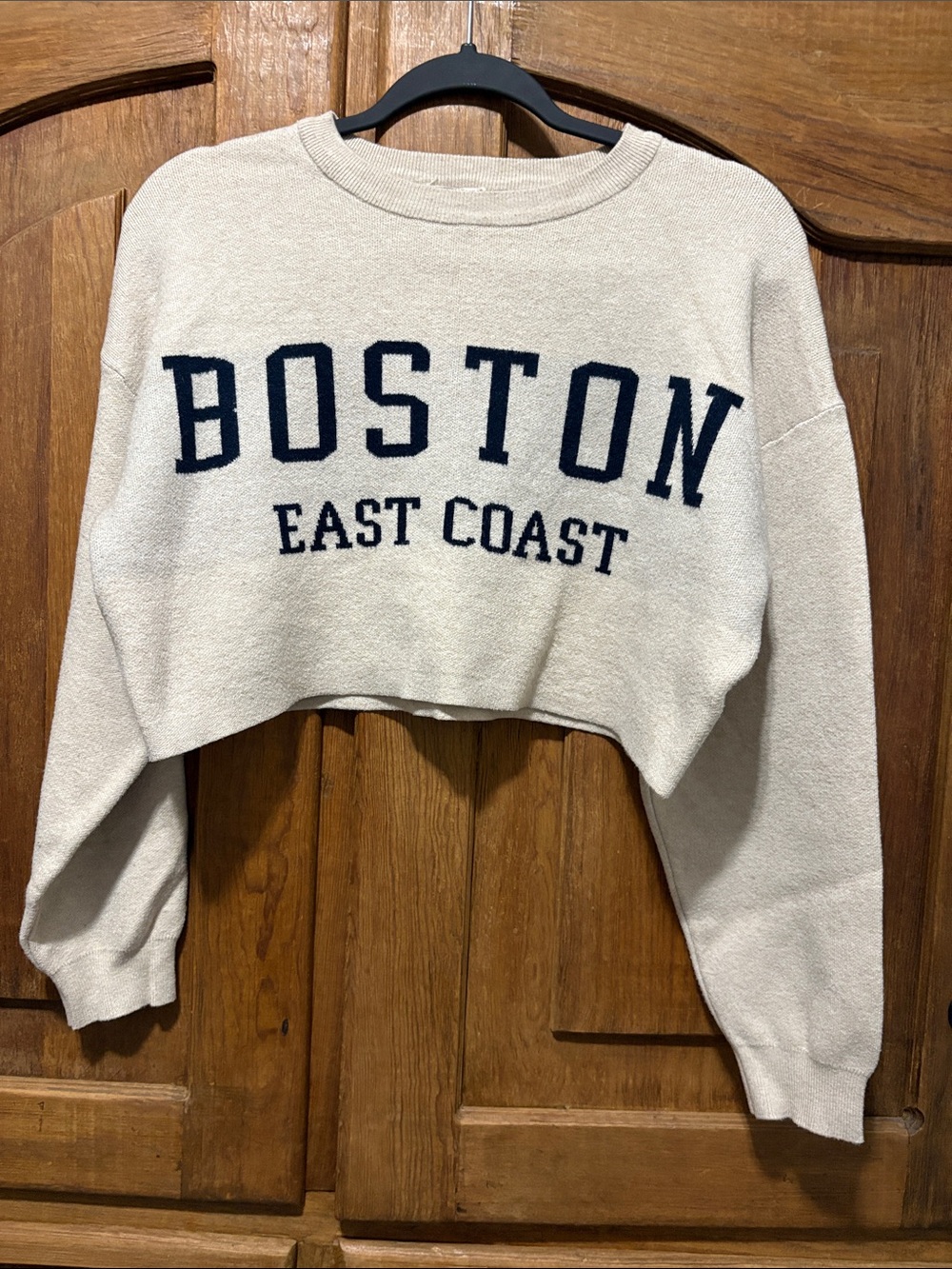 Hippie Rose Cream Cropped Crewneck with Navy 'BOSTON' Lettering